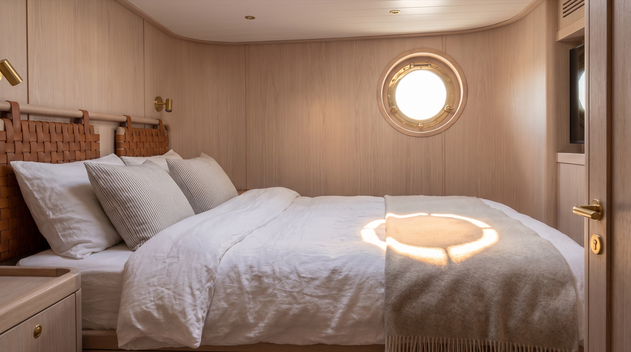 Master cabin in pale oak with a brass porthole casting sunlight on white linen