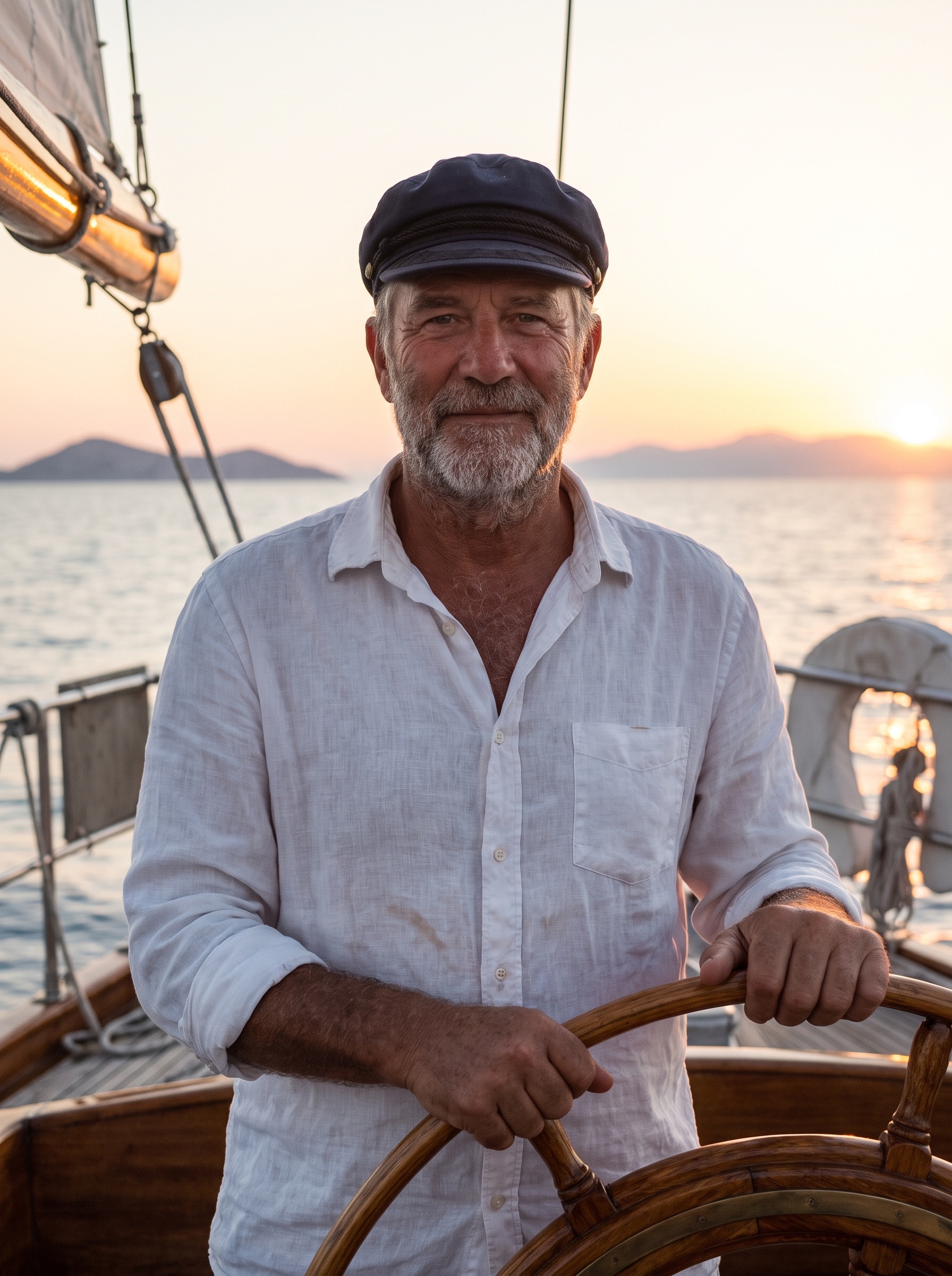 Captain Miquel Serra at the helm in evening light