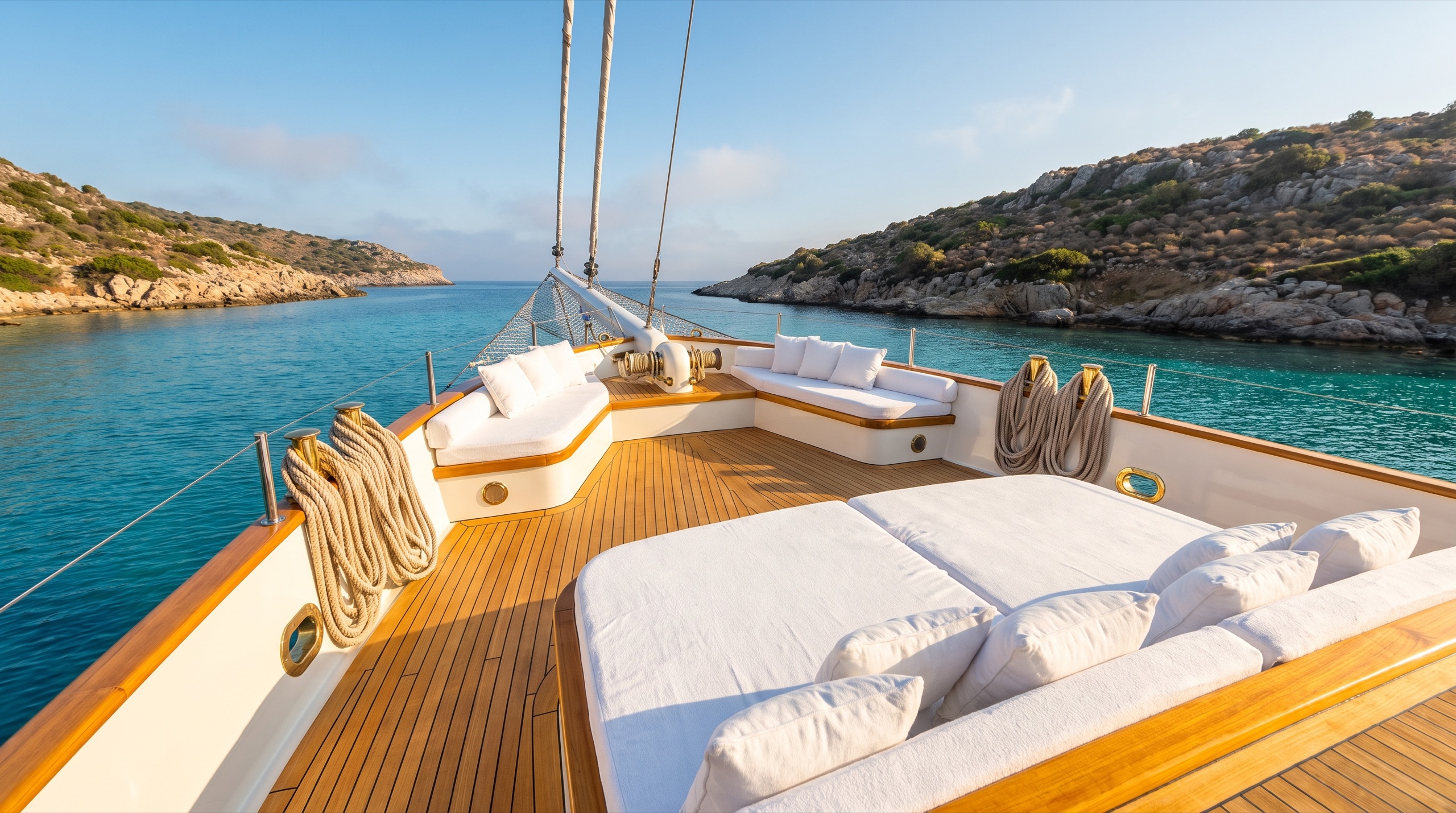 Teak foredeck with white linen sunbeds, anchored in a turquoise cove