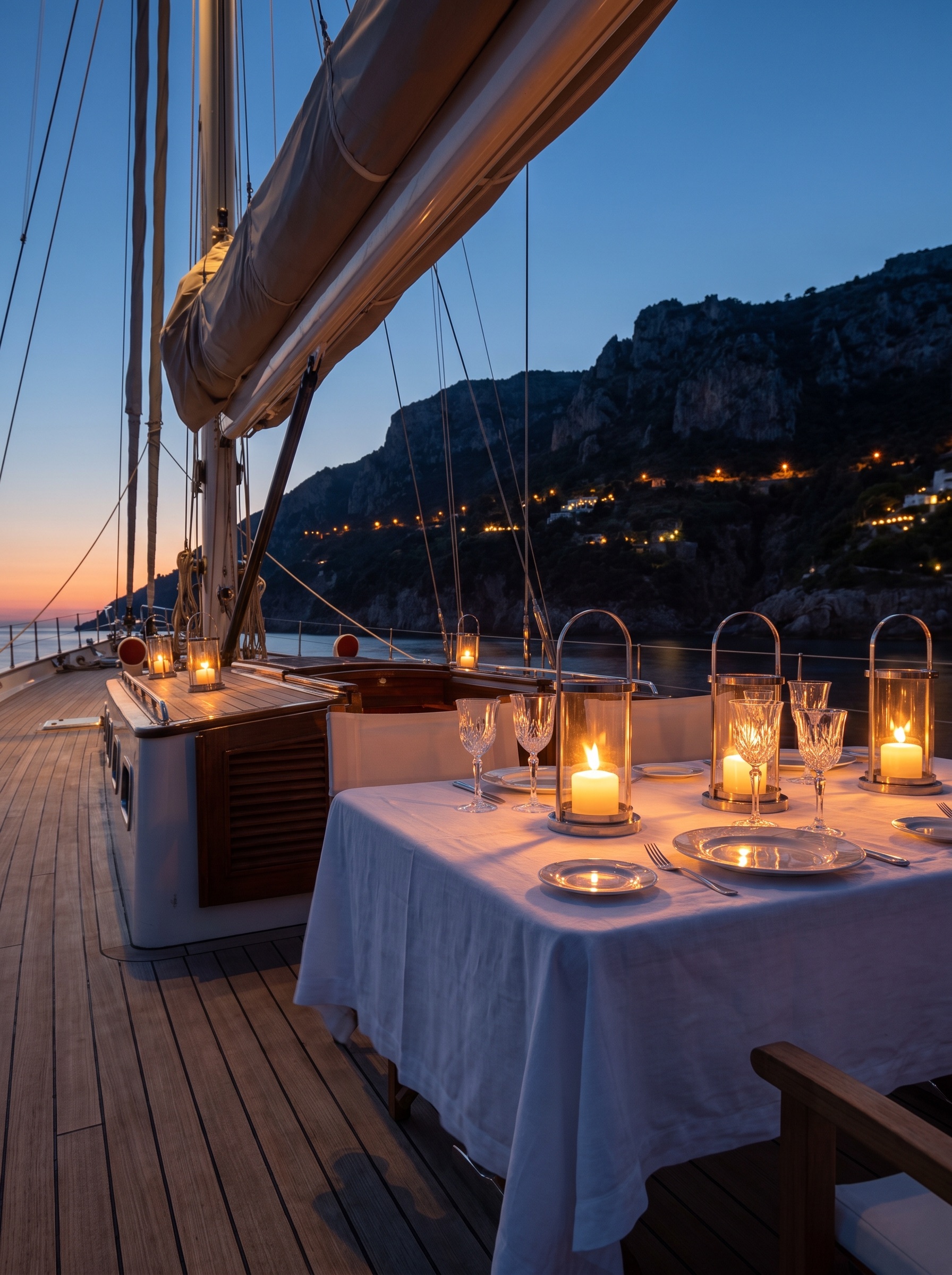 Aft-deck dinner table set at blue hour with hurricane lanterns