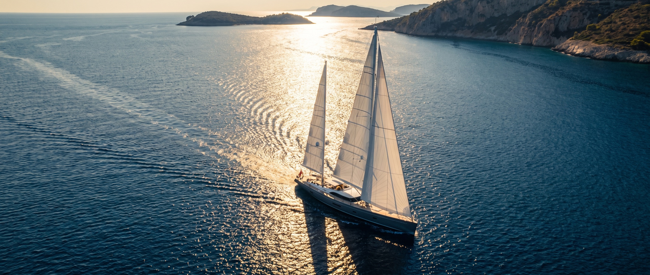 S/Y Albacora under full sail off a rocky Mediterranean coast, sun path glittering on the water