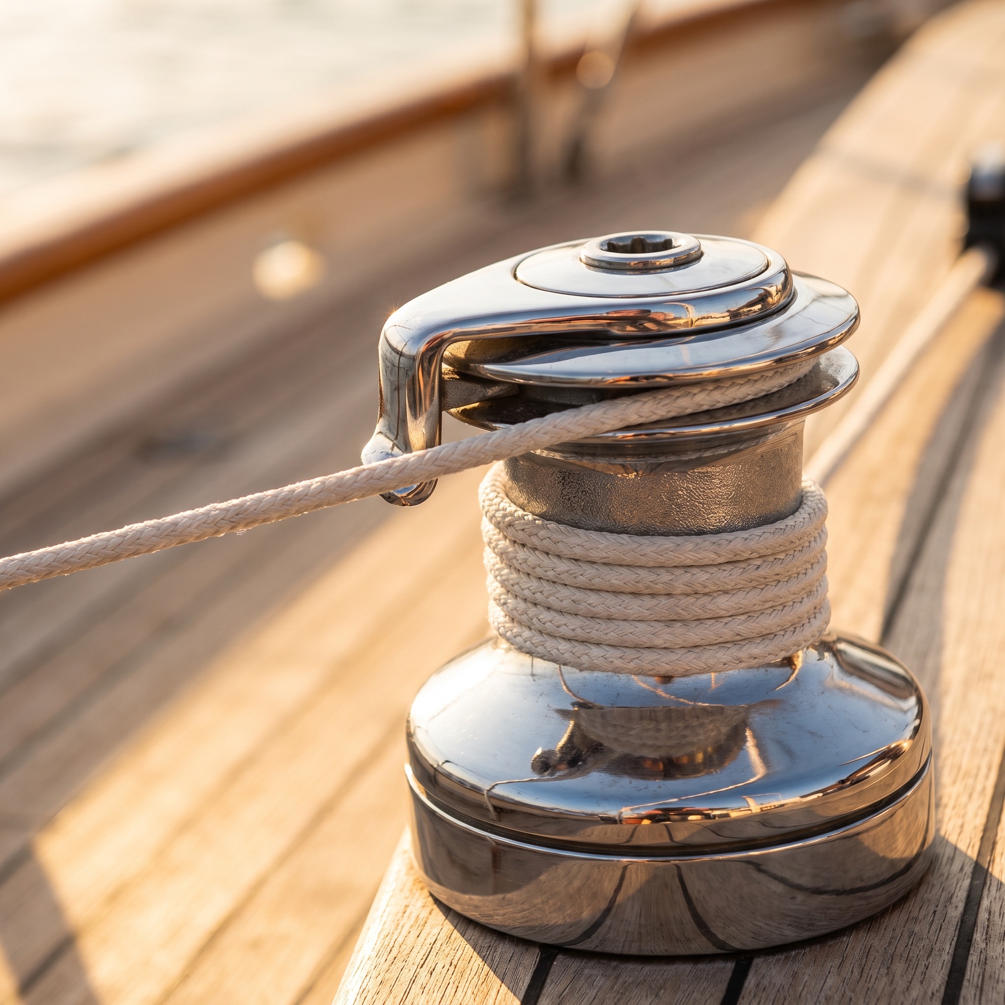 Polished chrome winch with taut white line in golden light