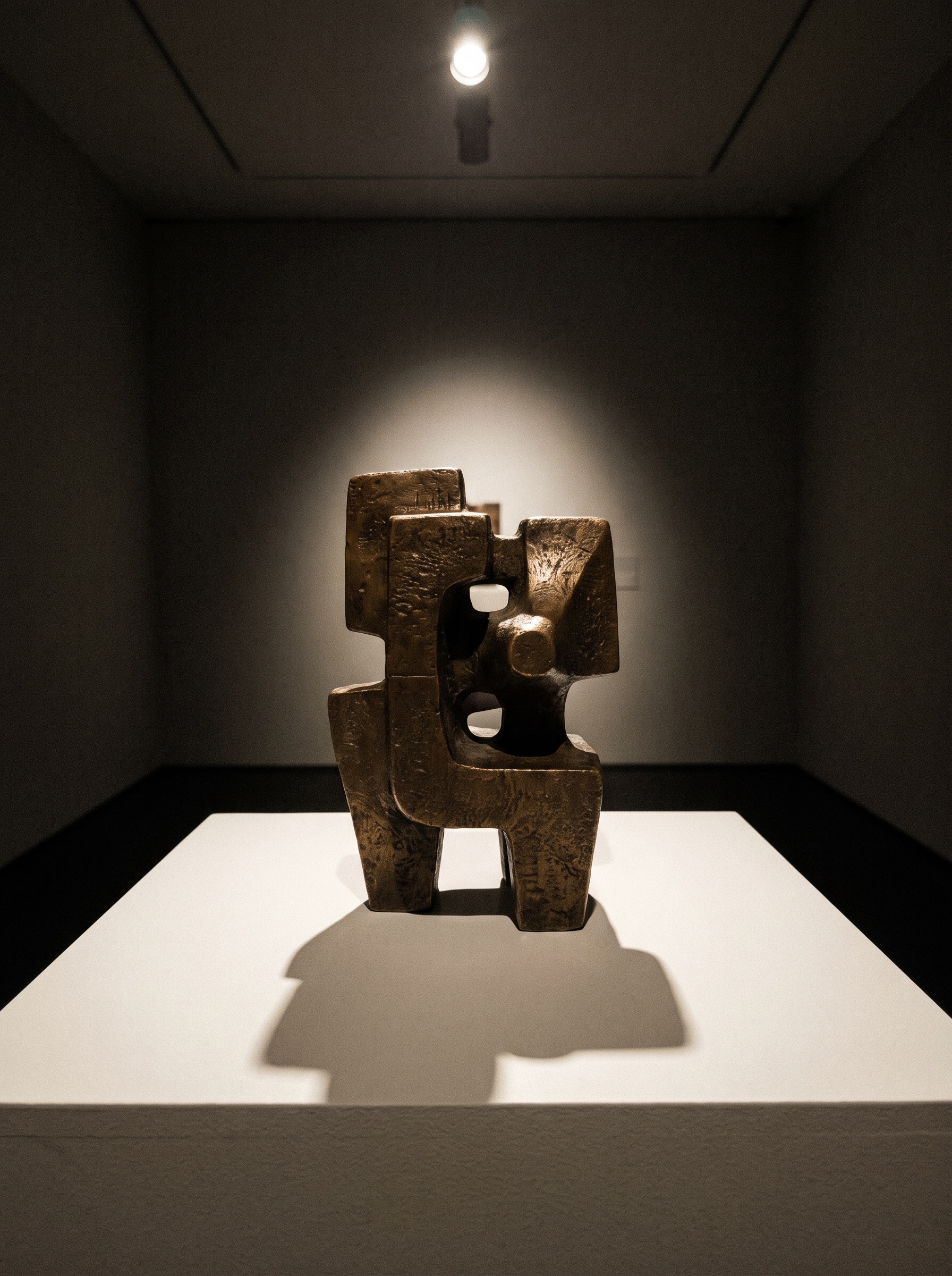 Escultura abstracta em bronze sobre plinto branco, iluminada por um único foco de museu, sombra profunda.