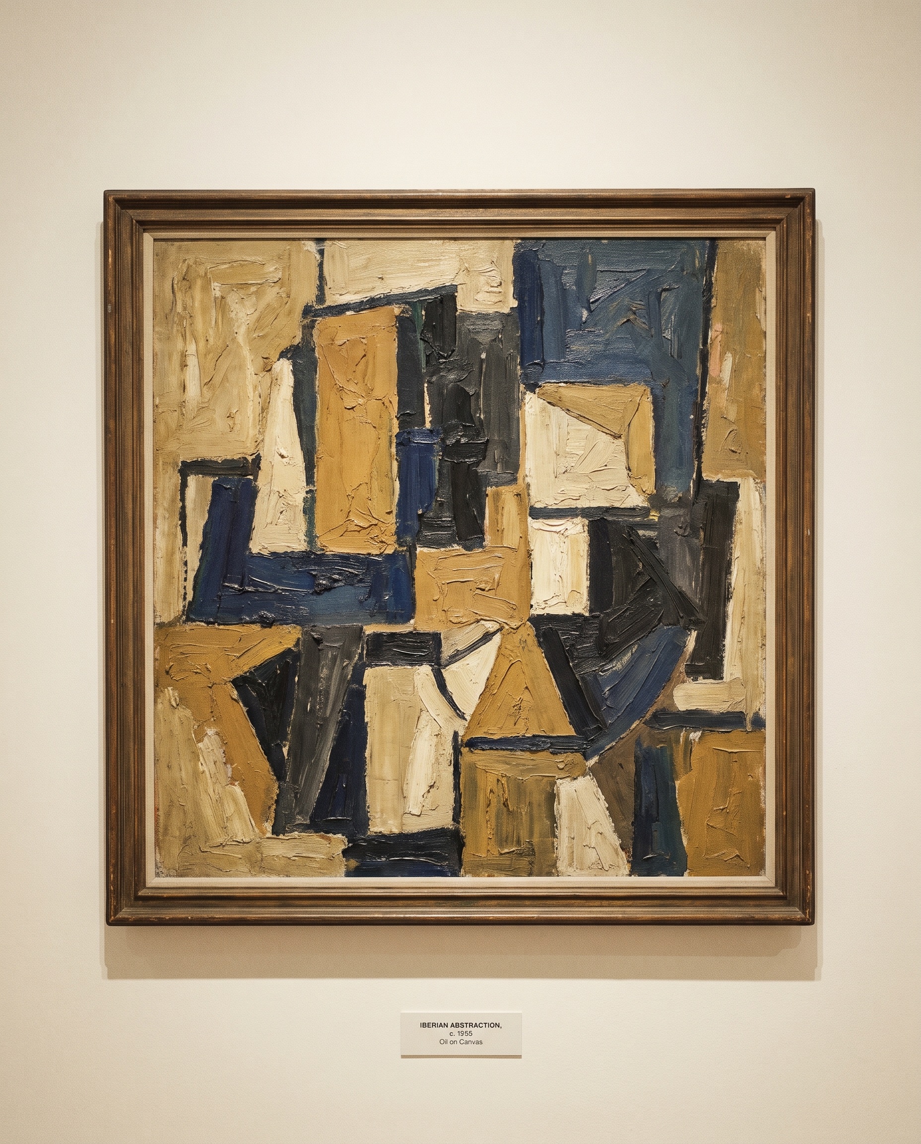 Pintura abstracta modernista ibérica dos anos 1950, composição geométrica em ocre, preto e azul profundo, em moldura de época.