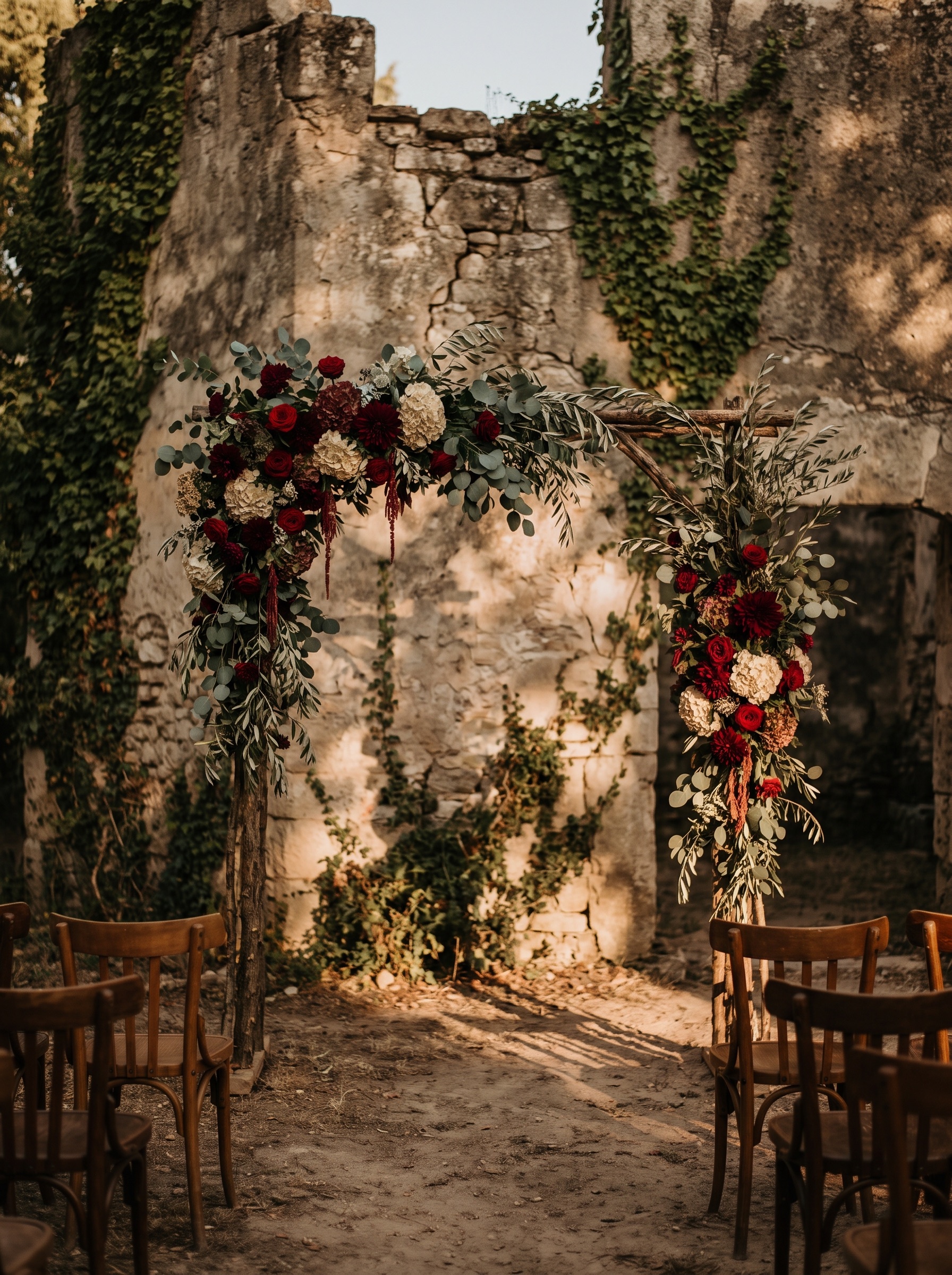 Wedding ceremony arch of deep red and cream flowers against an ancient stone wall