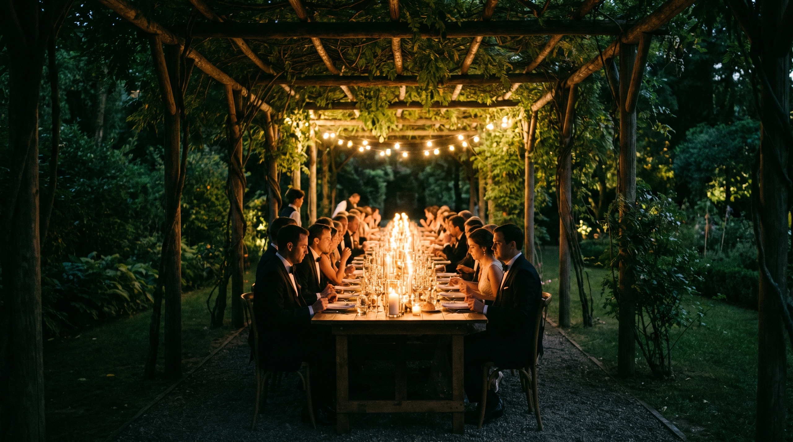Wedding guests at a long candlelit table beneath a pergola at night