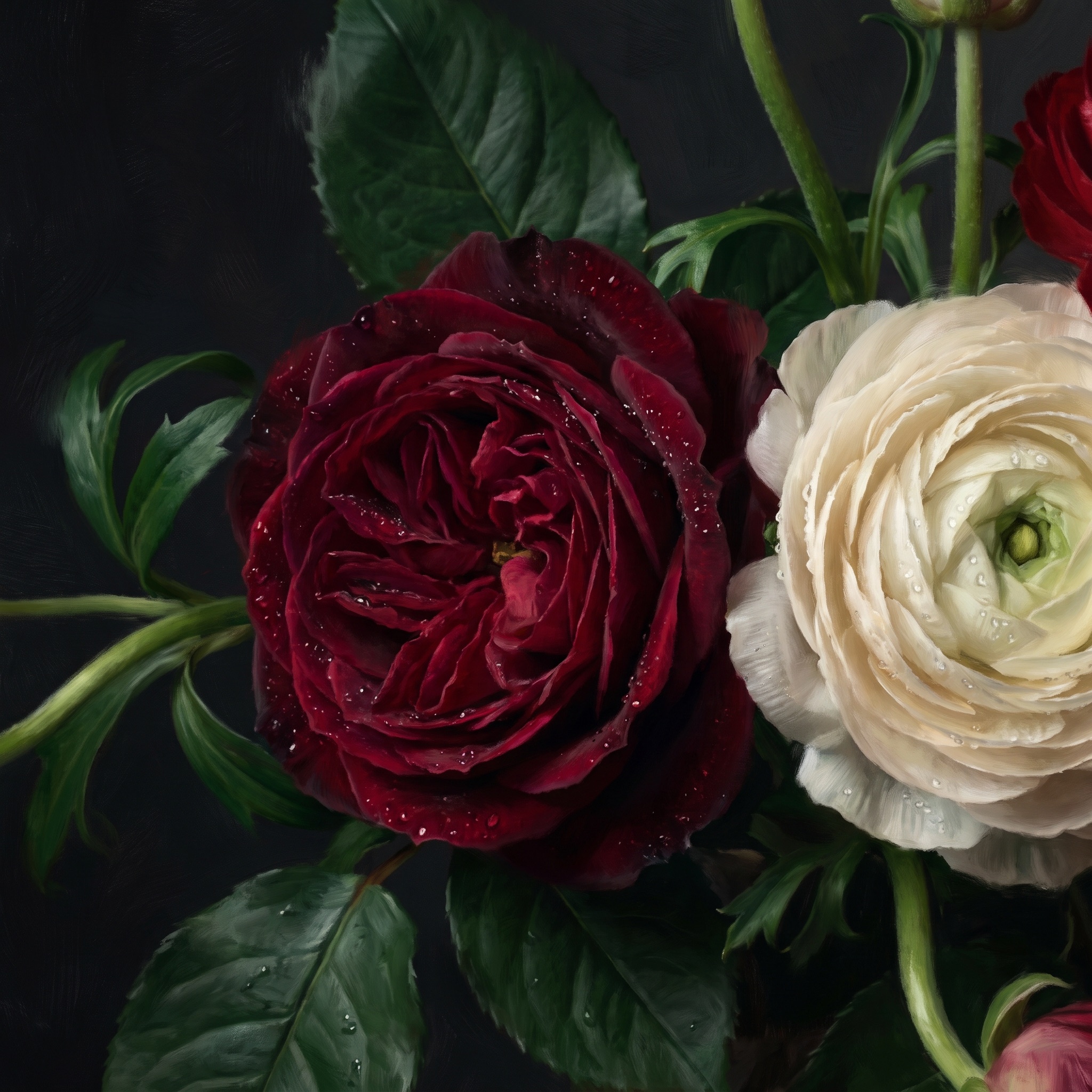Dark red garden rose with cream ranunculus and deep green foliage, baroque still-life lighting