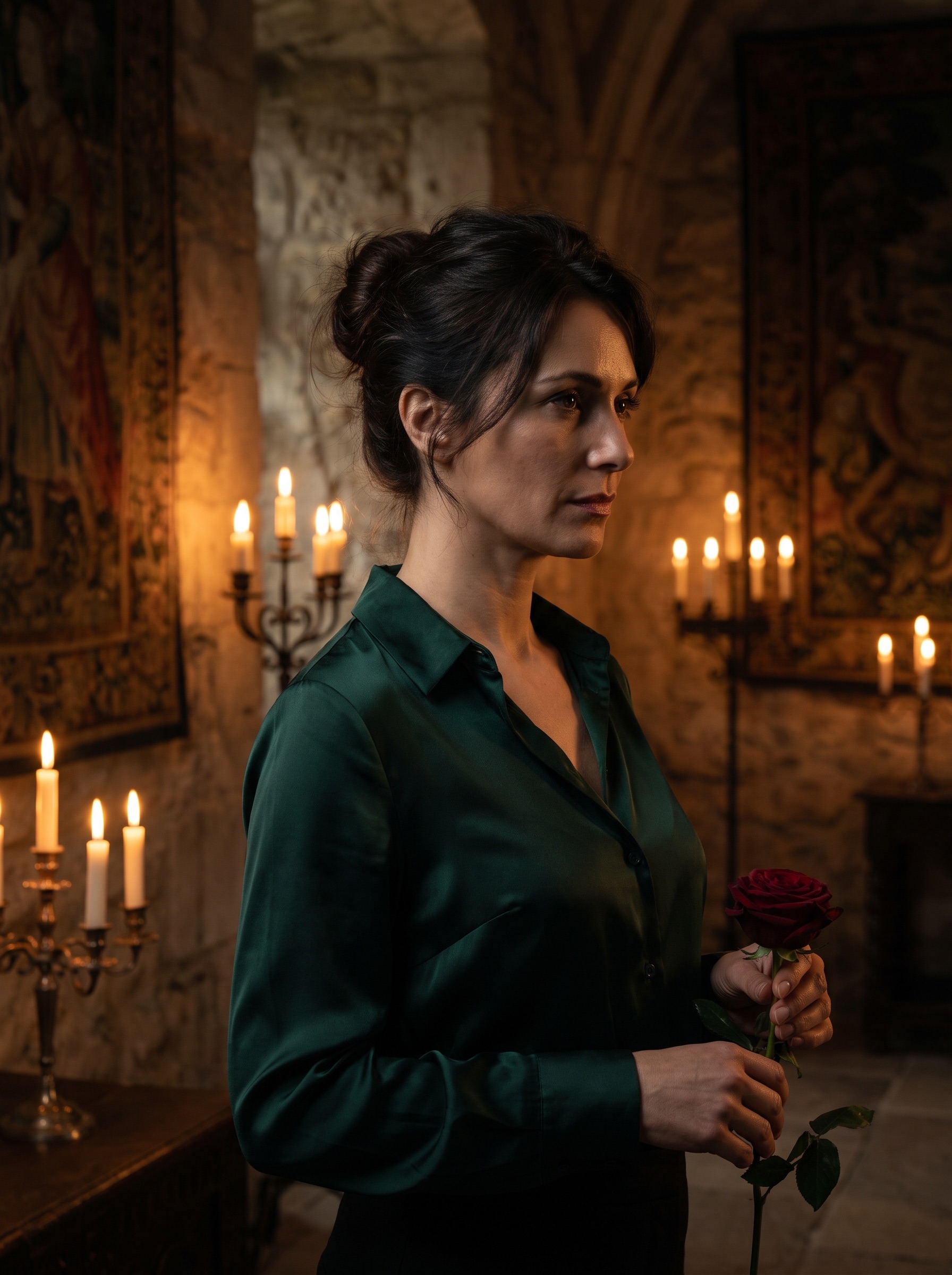 Camille Aubépine in a dark green silk blouse, holding a single rose in a candlelit stone room