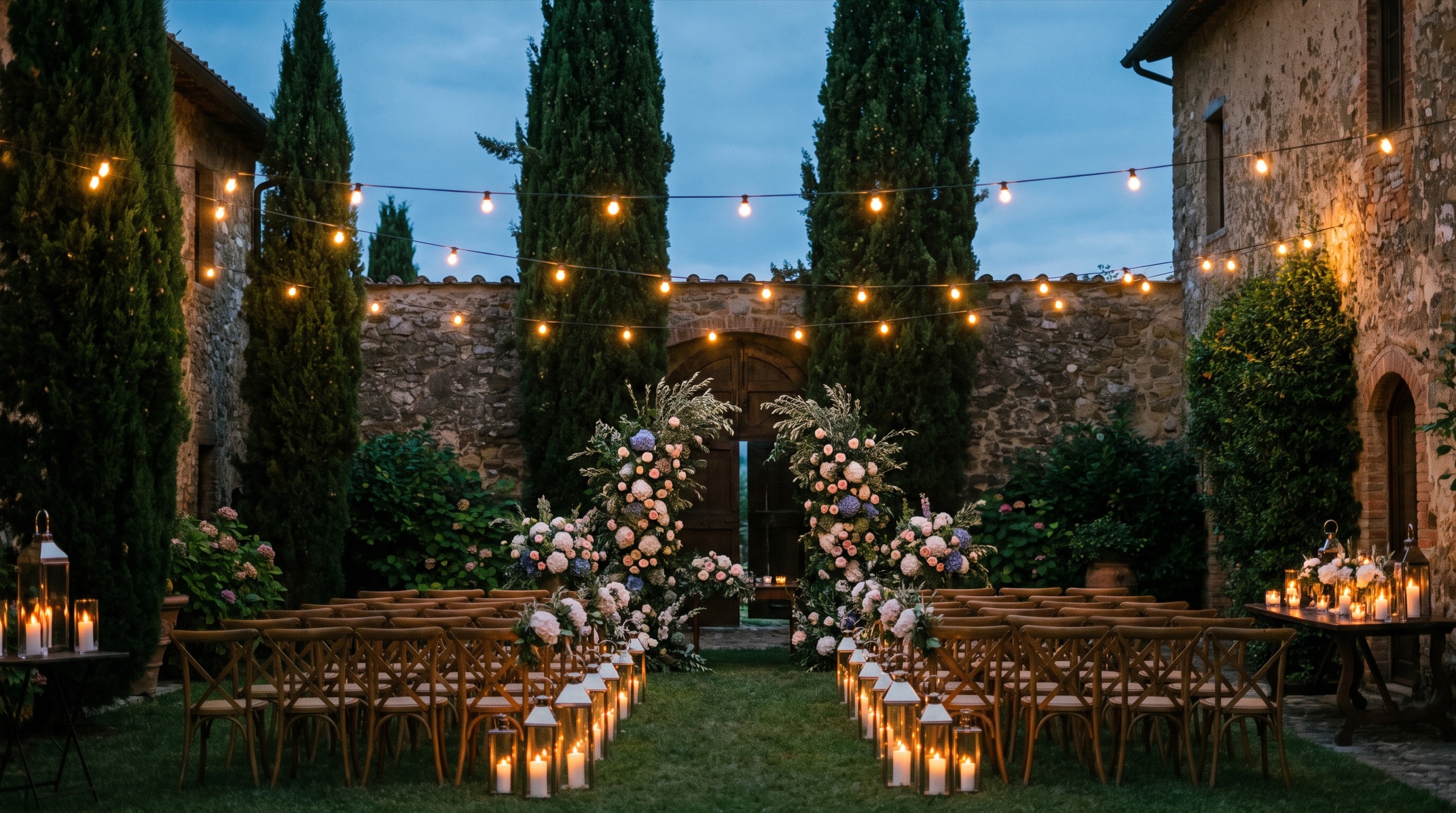 Tuscan villa courtyard prepared for a wedding at blue hour, string lights and cypress trees