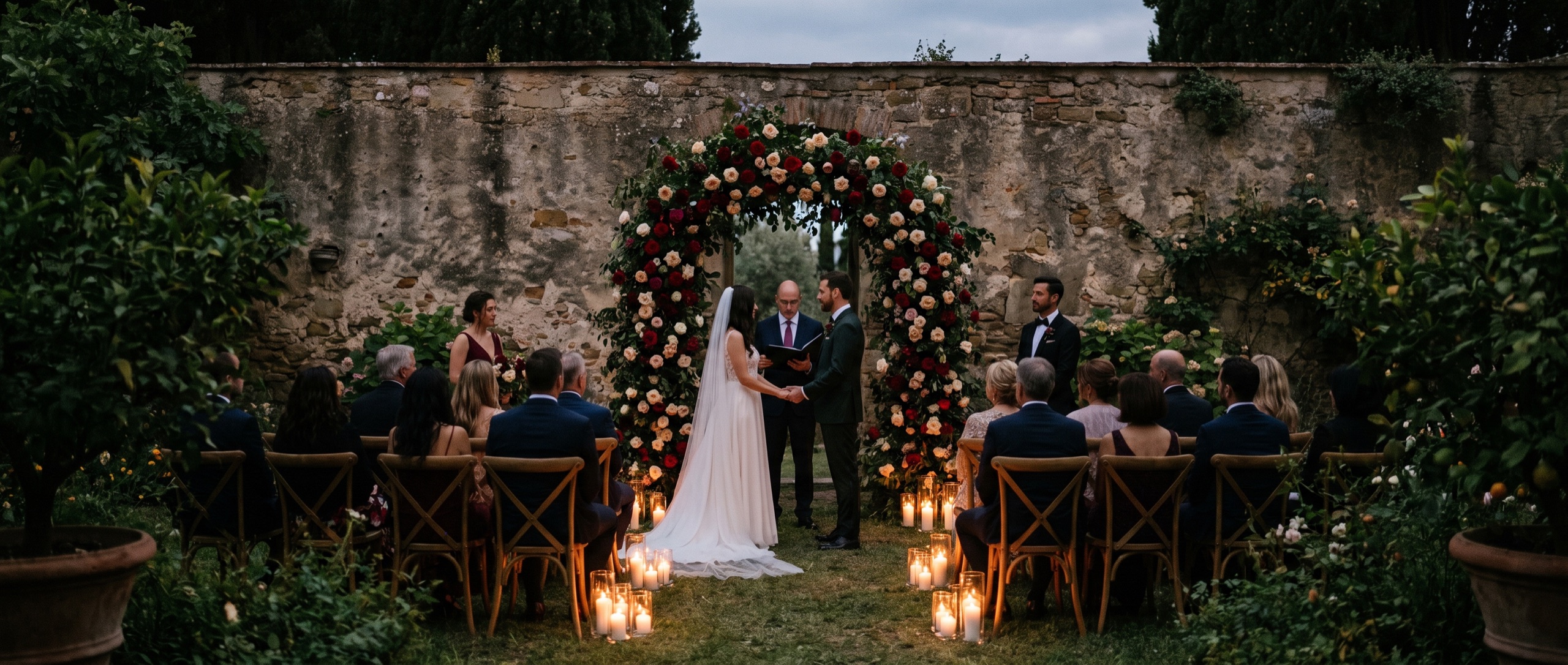 A candlelit wedding ceremony in a walled stone courtyard, guests seated between cypress trees