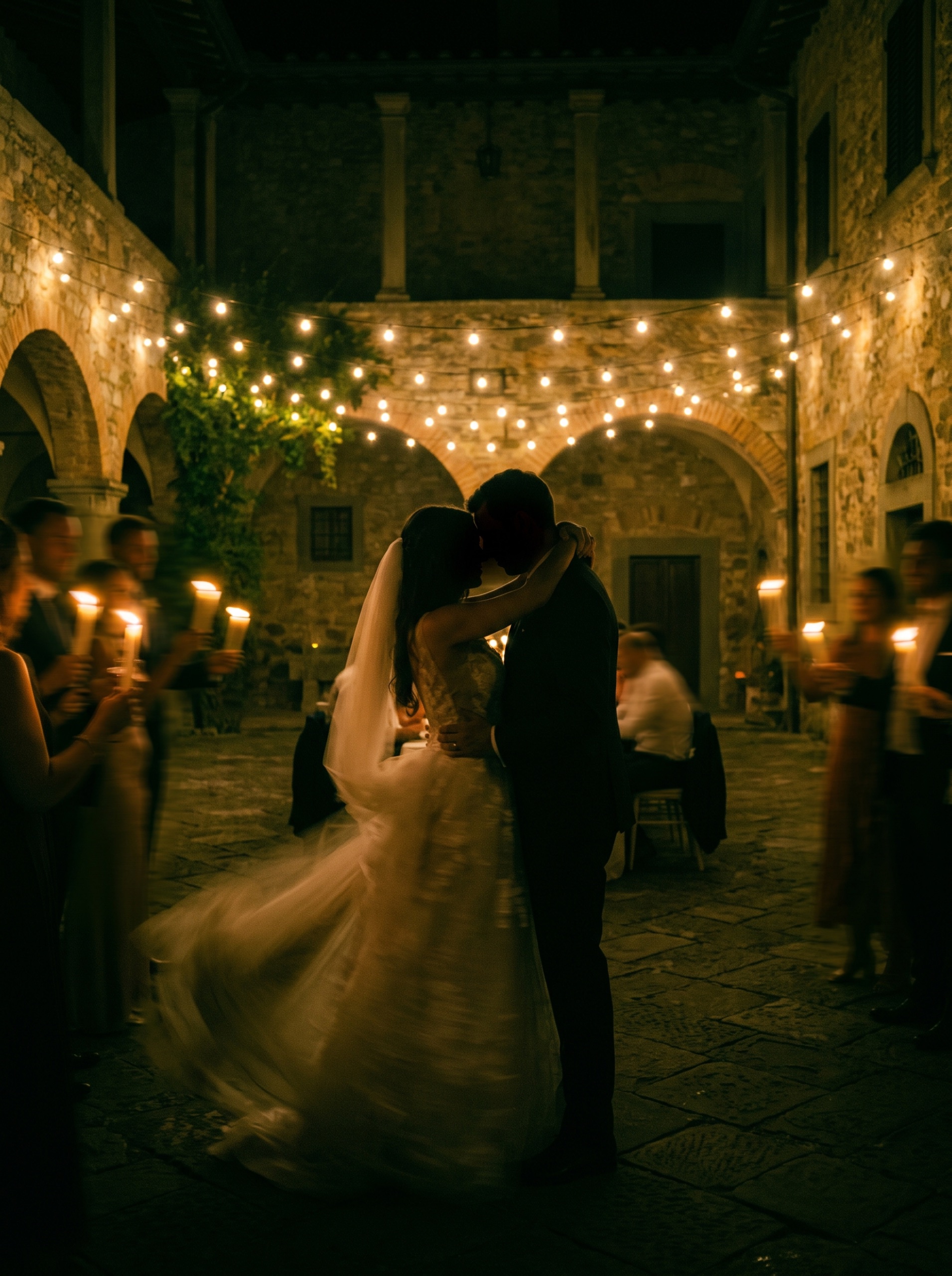 A couple’s first dance in a dark stone hall lit only by candles