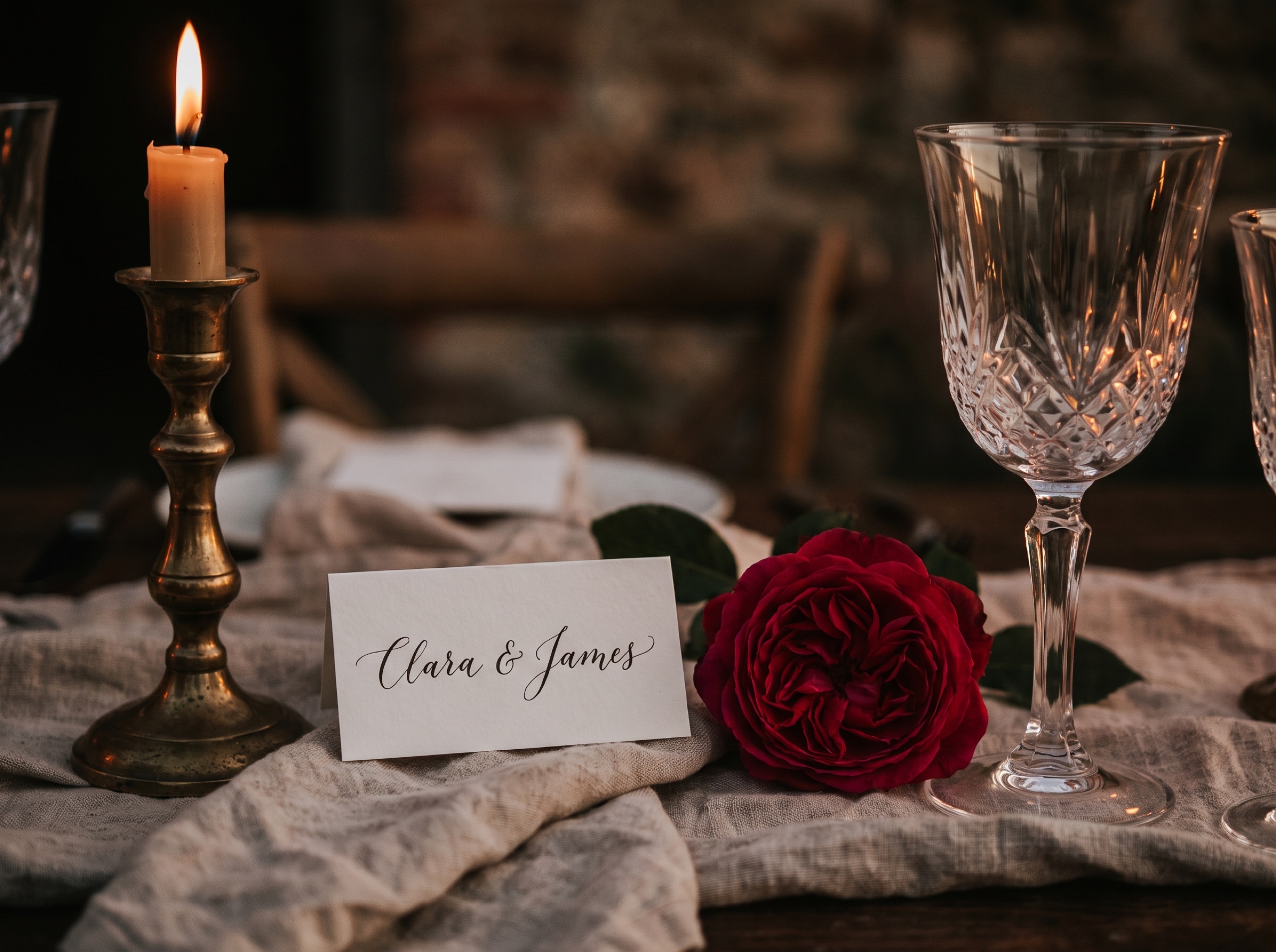 A candlelit wedding table detail with dark fruit, oxblood florals and beeswax tapers