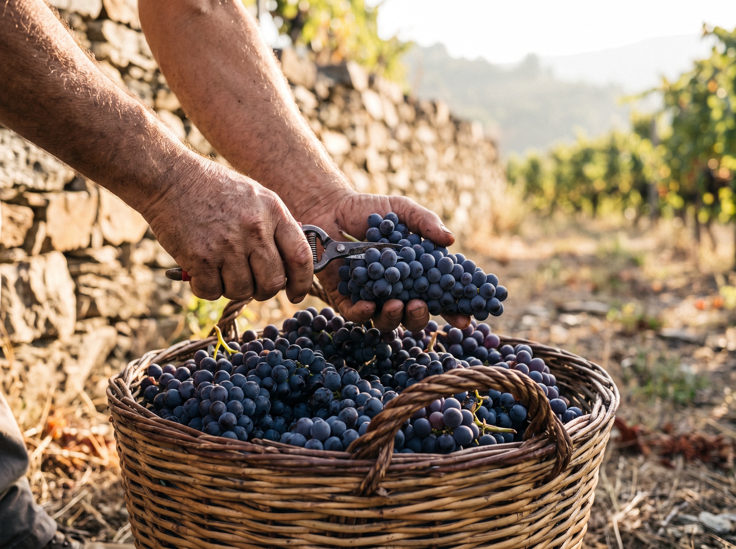 Mãos a cortar um cacho de uvas tintas para um cesto de vime, muro de xisto ao fundo
