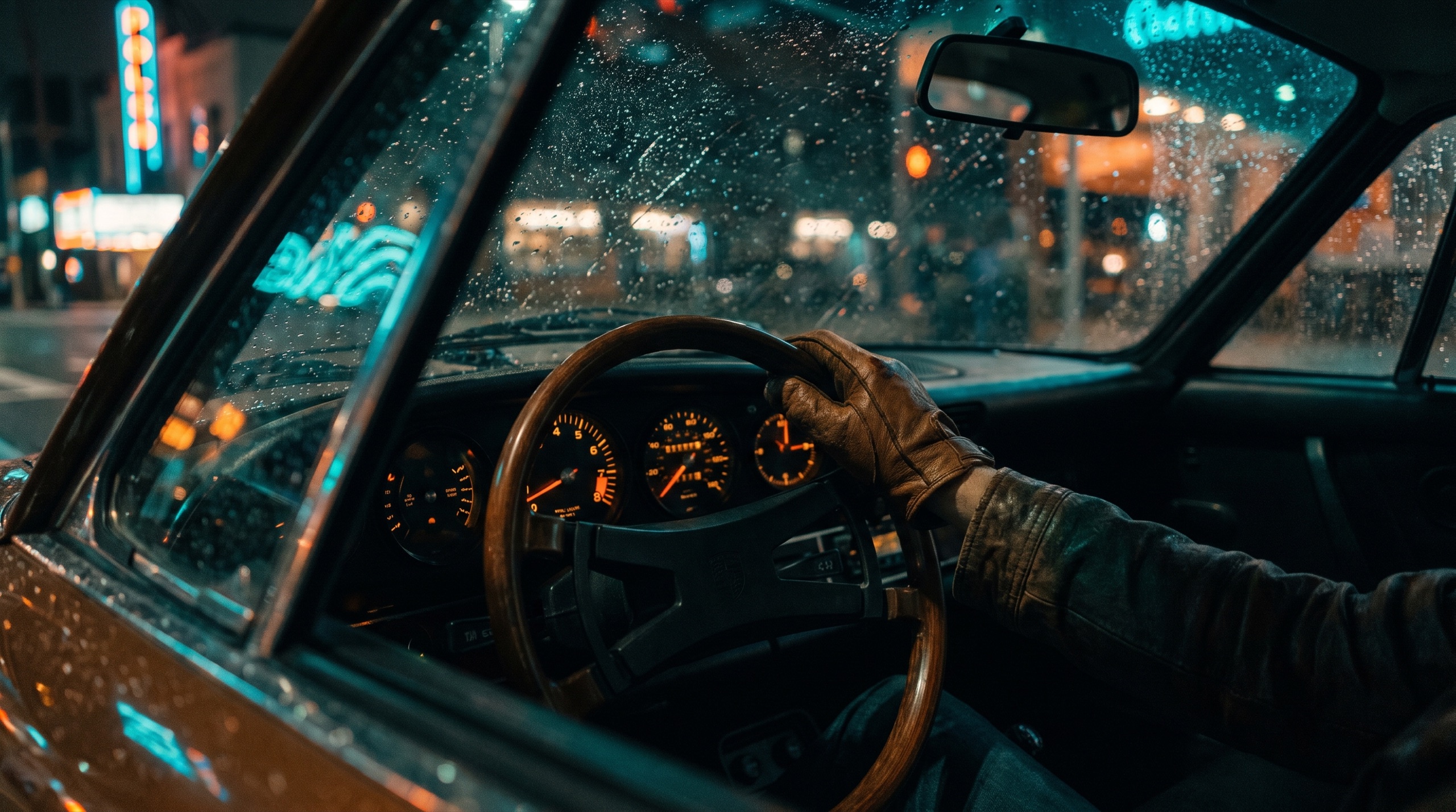 Gloved hand on the wooden wheel of a vintage Porsche 911, rain on the windshield, neon signs blurring outside
