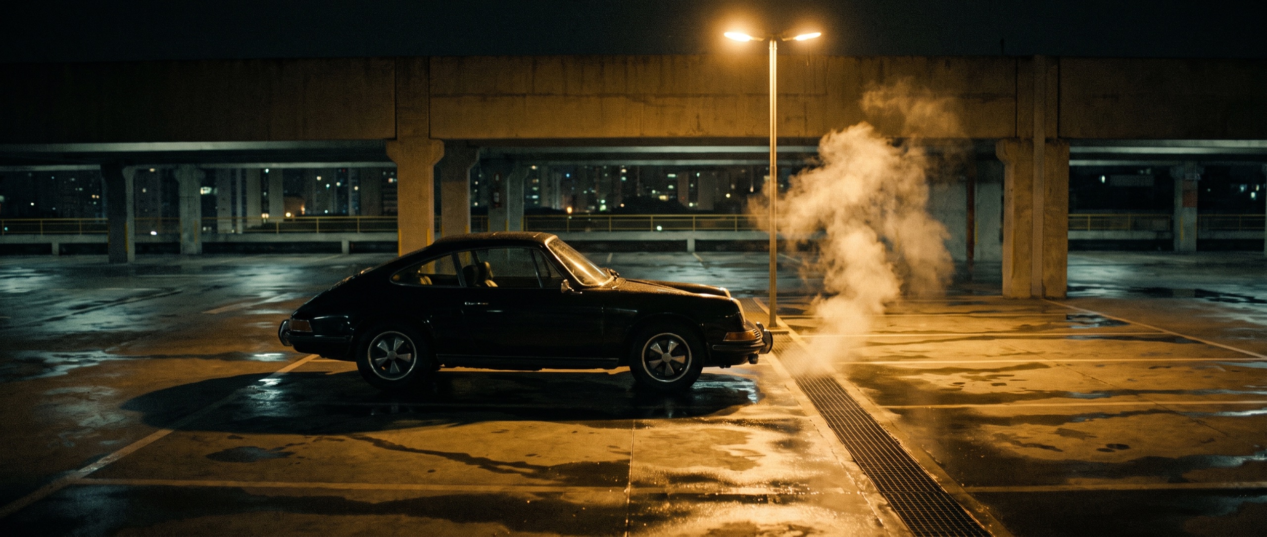 Black Porsche 911 parked under a single sodium lamp in an empty rooftop parking structure, steam rising