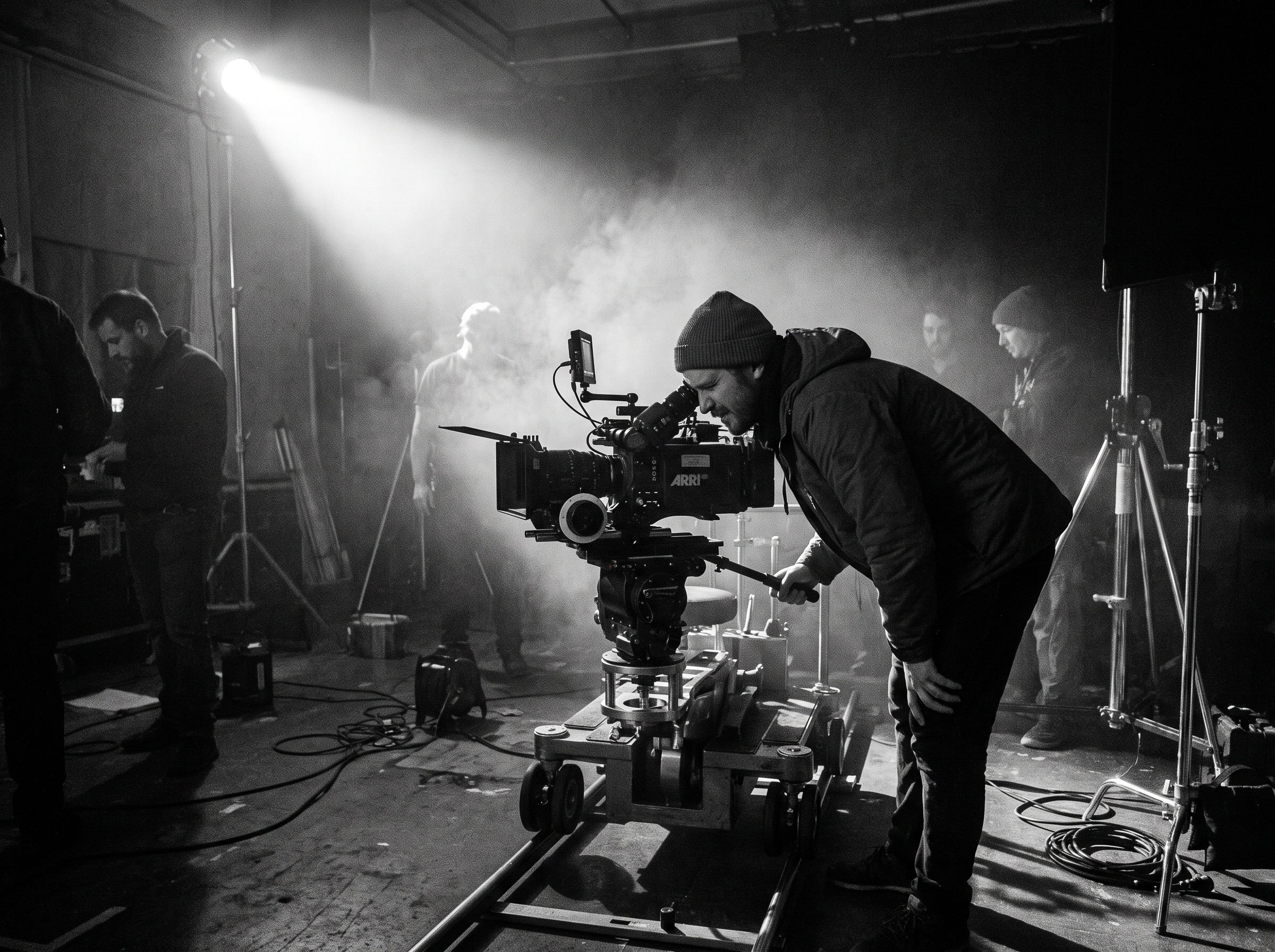 Behind the scenes: cinematographer at an ARRI camera on a dolly in a dark hazy studio
