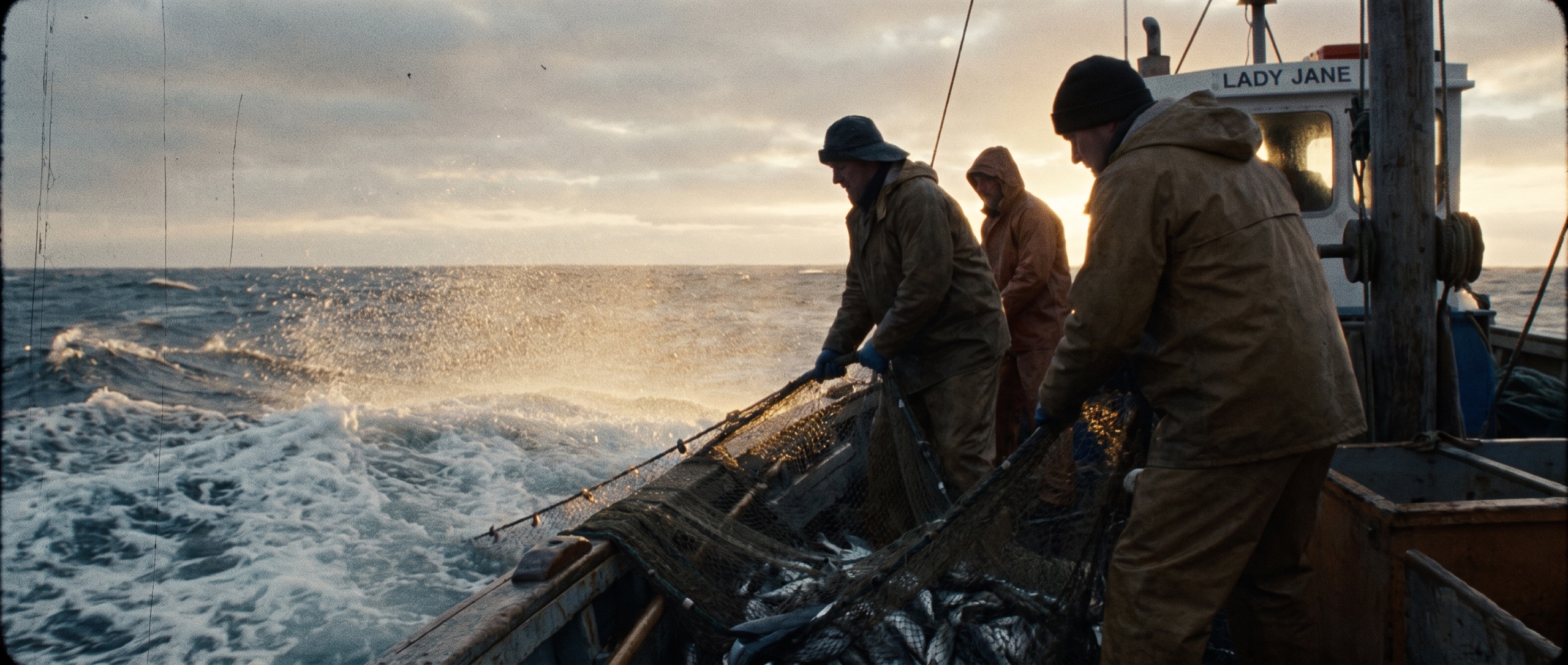 Small wooden fishing boat on dark Atlantic swell at first light, a lone figure hauling a hand line