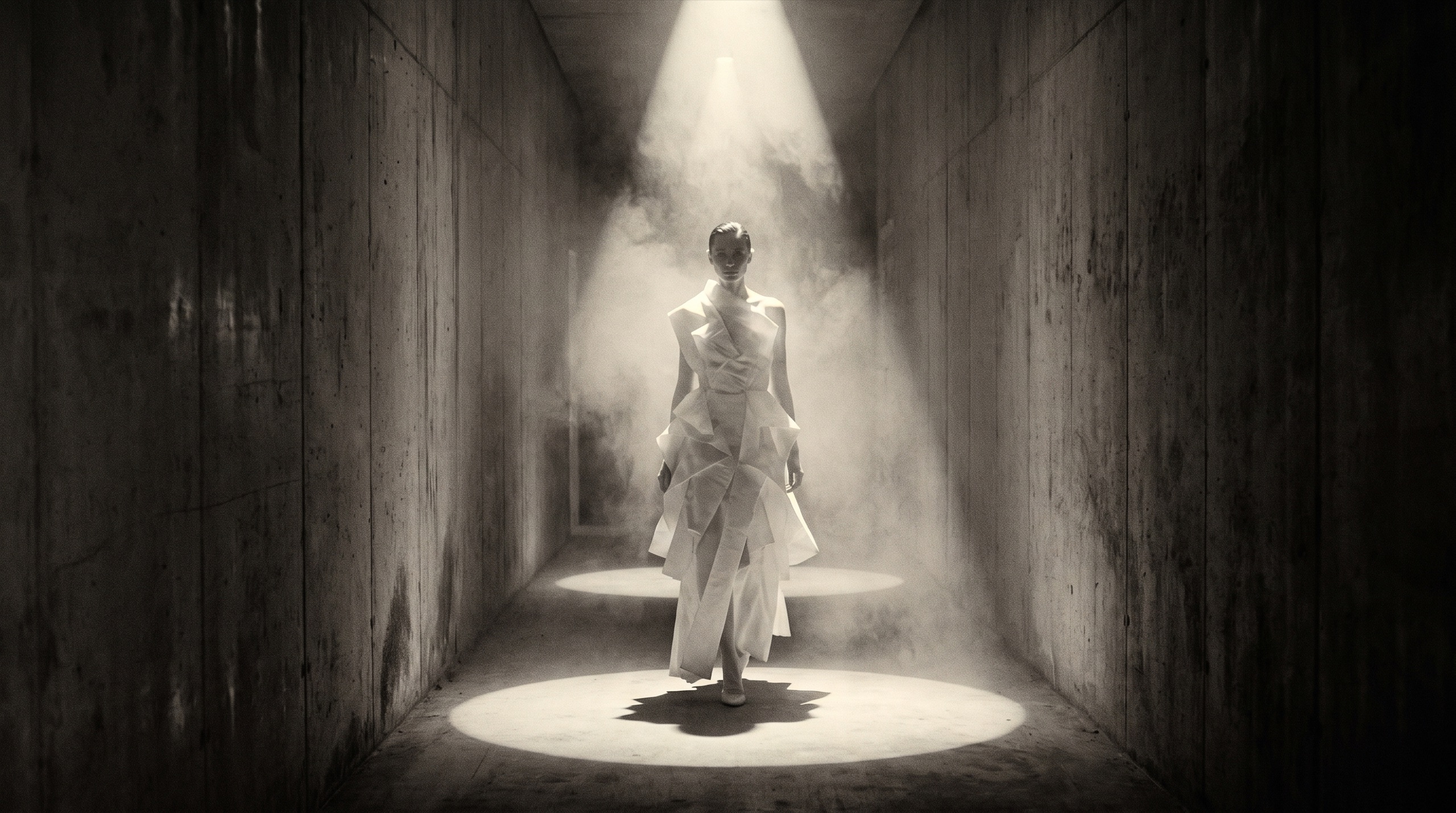 Model in a sculptural white garment walking a concrete corridor under a single overhead shaft of light, haze hanging in the beam