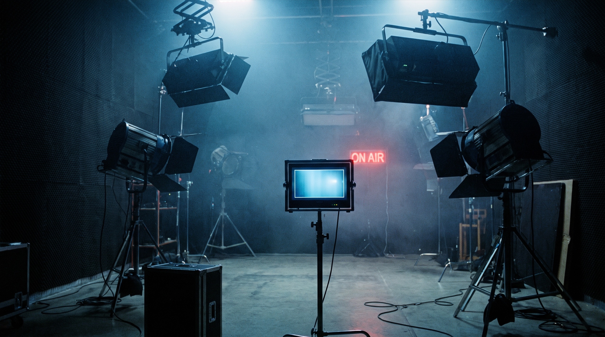 Dark film studio interior with cinema lighting rigs and a glowing director's monitor