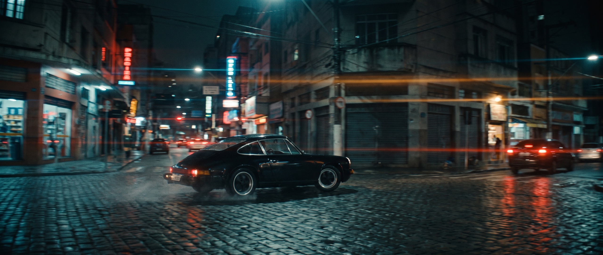 Black vintage Porsche 911 drifting through a wet neon-lit São Paulo street at night