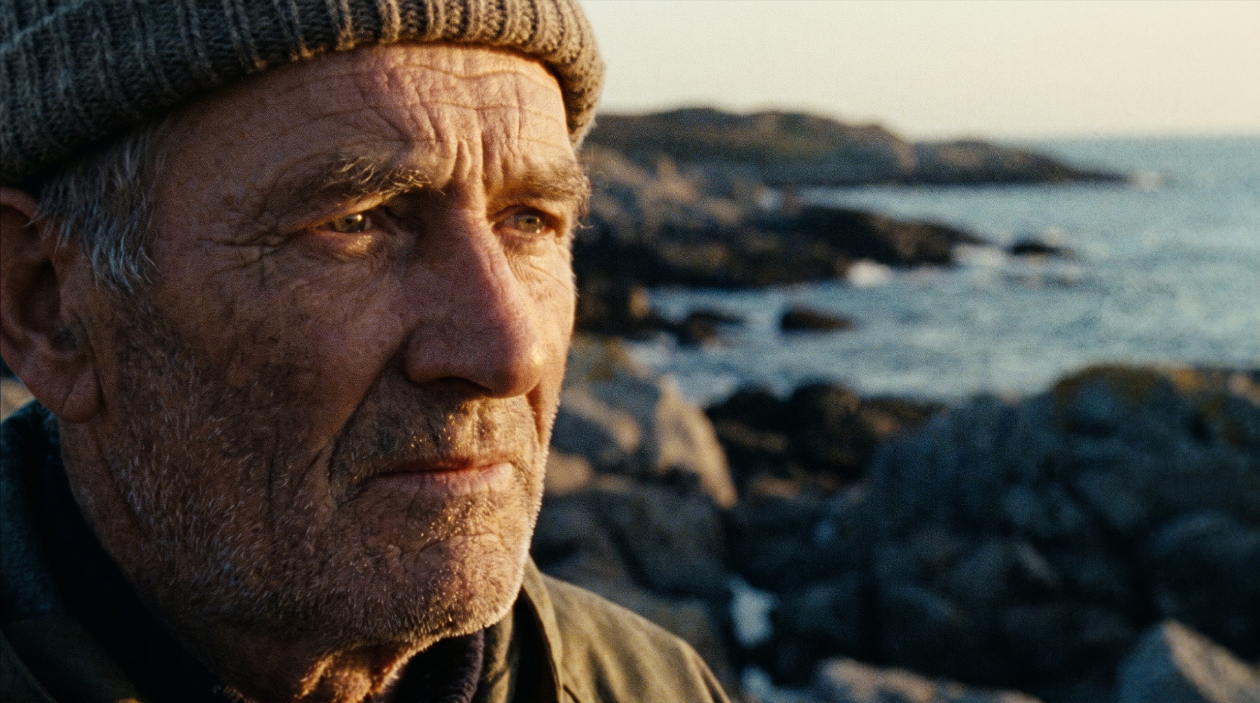 Weathered fisherman's face lit by golden hour side light on the Atlantic coast