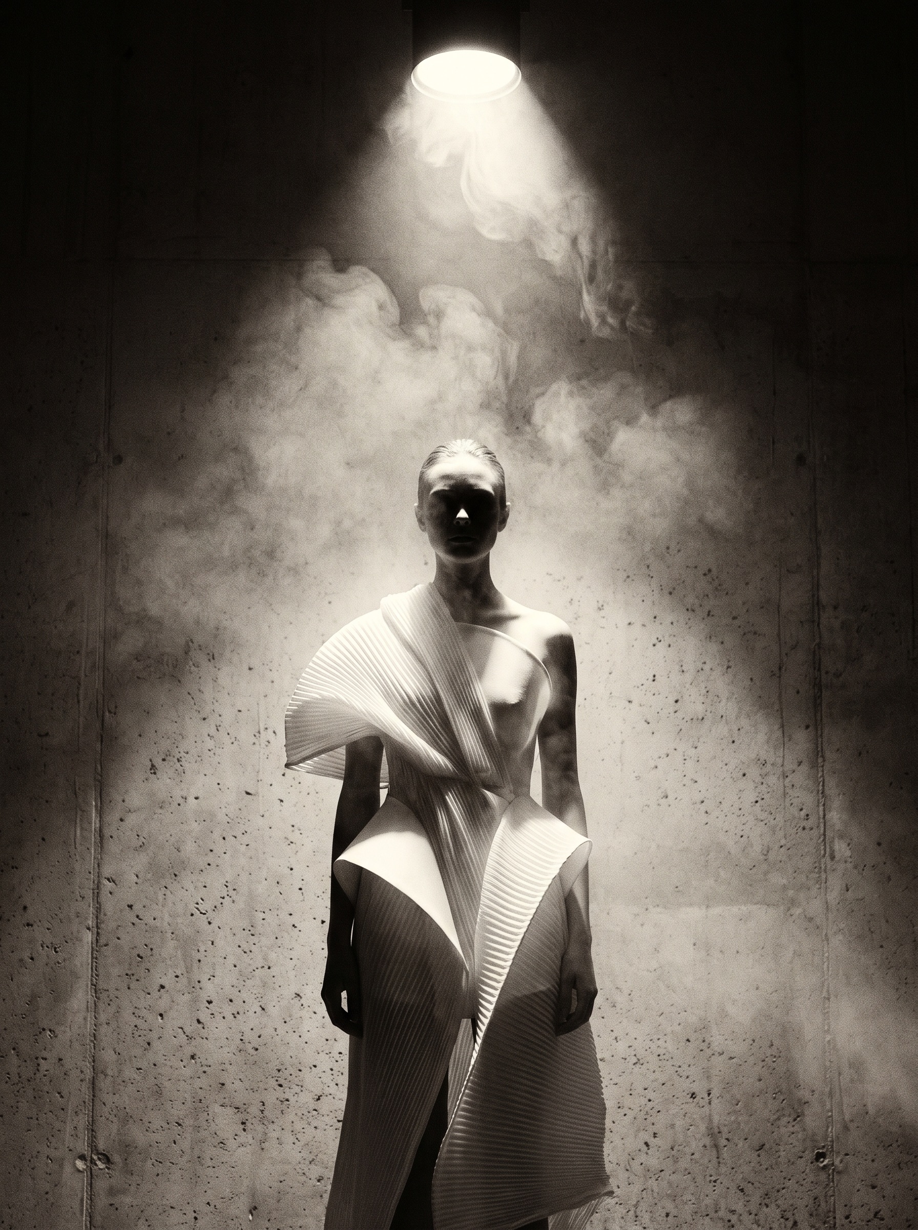 Model in a sculptural white garment under a single hard spotlight against raw concrete