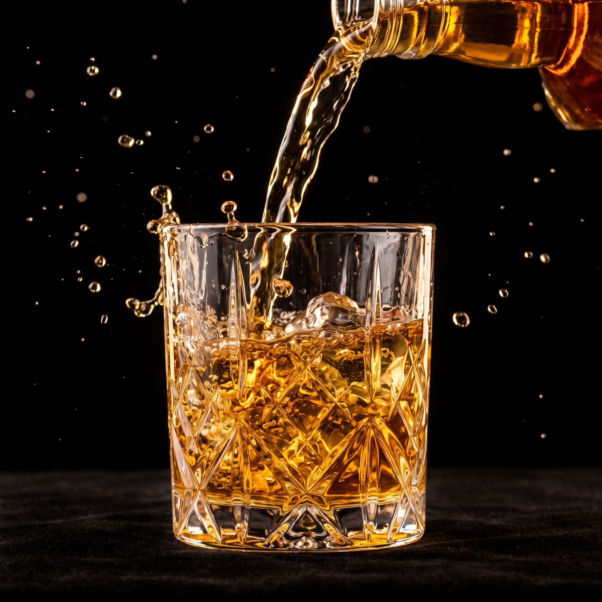 Amber whiskey pouring over ice in a crystal glass, droplets frozen mid-air